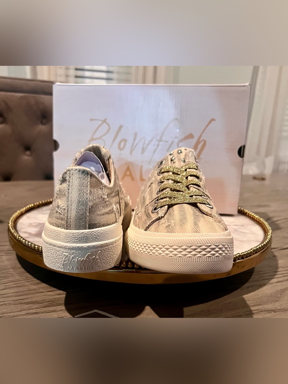 Blowfish Malibu Walk On Distressed Sneaker | Tan Denim | Sz. 8.5 (NWB)